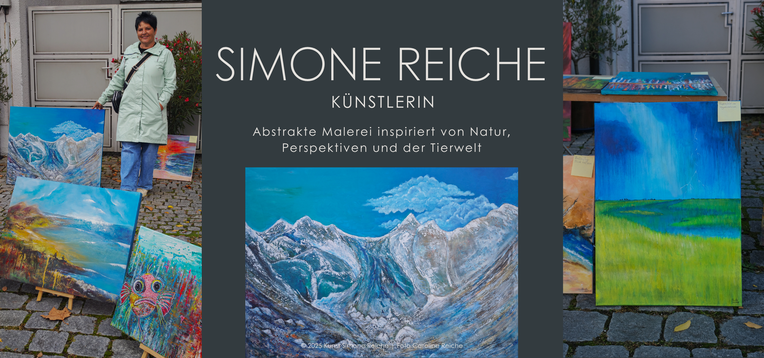 Simone Reiche präsentiert auf Marktausstellung in der Oberpfalz abstrakte Kunstwerke inspiriert von Natur, Tieren und Landschaften, inklusive Steinschlag, Rapsfeld im Regen und Fischer am Meer
