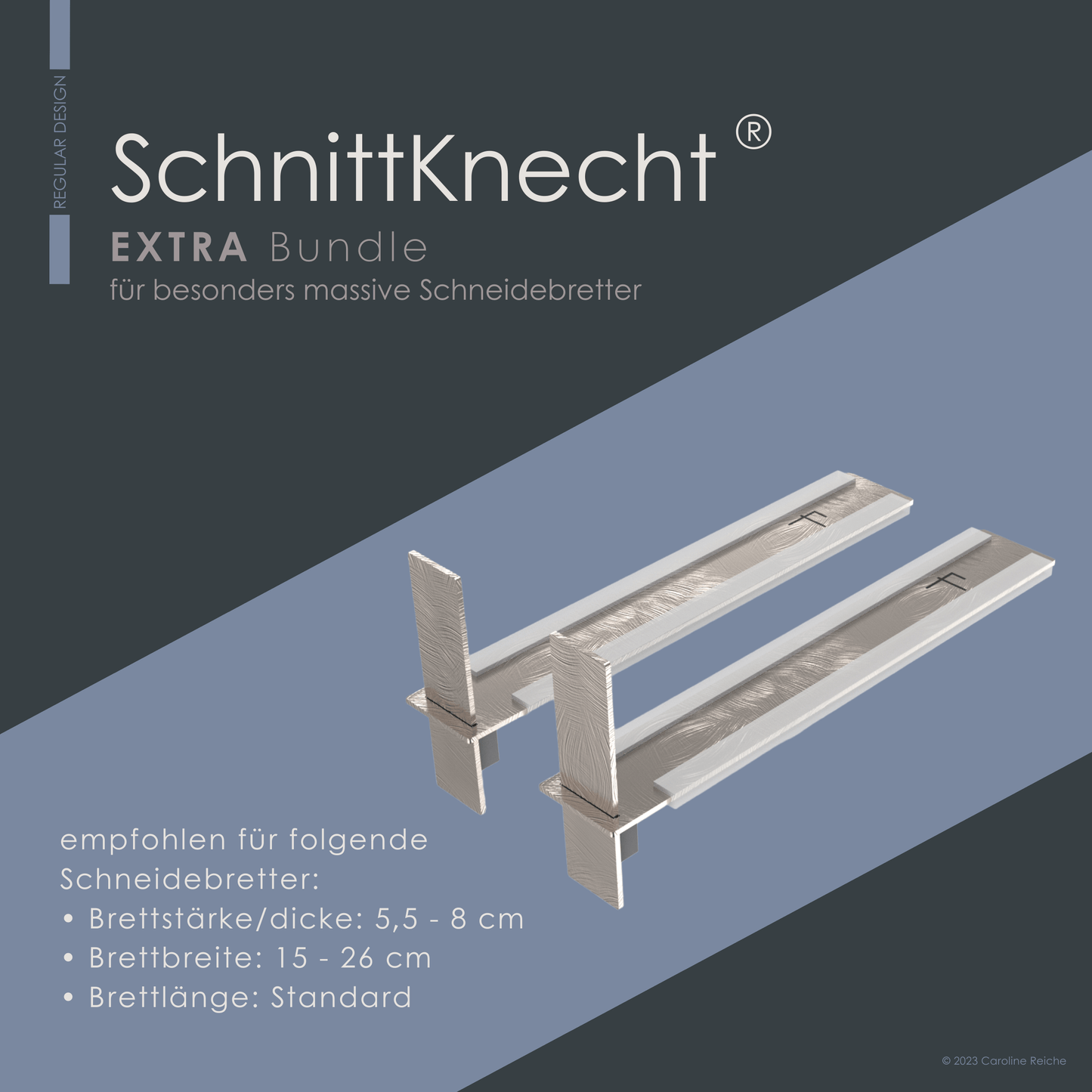 Das Bild zeigt die rutschfeste Schneidebrettunterlage SchnittKnecht® Extra Bundle mit den dazugehörigen Antirutsch-Silikonprofilen. Geeignet für massive Schneidebretter und Schneidblöcke. Richtwertangaben hinterlegt.
