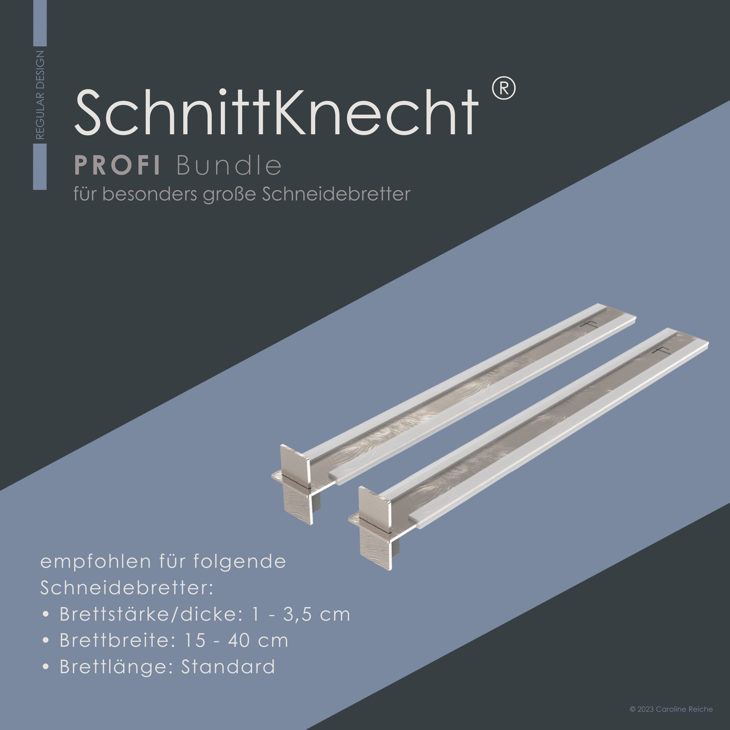 Das Bild zeigt die rutschfeste Schneidebrettunterlage SchnittKnecht® Profi Bundle mit den dazugehörigen Antirutsch-Silikonprofilen. Geeignet für XXL-Schneidebretter. Richtwertangaben hinterlegt.
