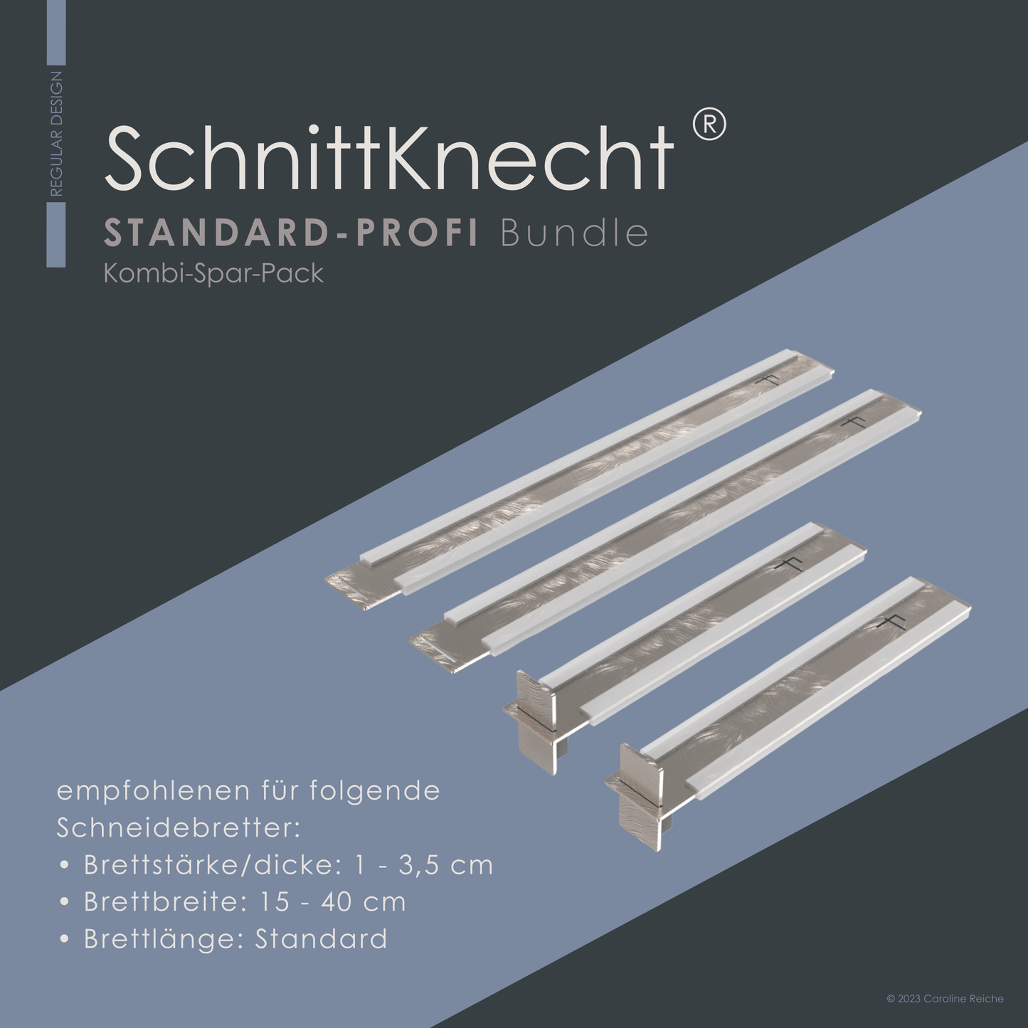 Das Bild zeigt das Kombi-Spar-Pack mit der rutschfesten Schneidebrettunterlage SchnittKnecht® Standard Bundle, das sich zum Profi-Bundle umfunktionieren lässt. Geeignet für Standard- und XXL-Schneidebretter. Richtwertangaben hinterlegt.