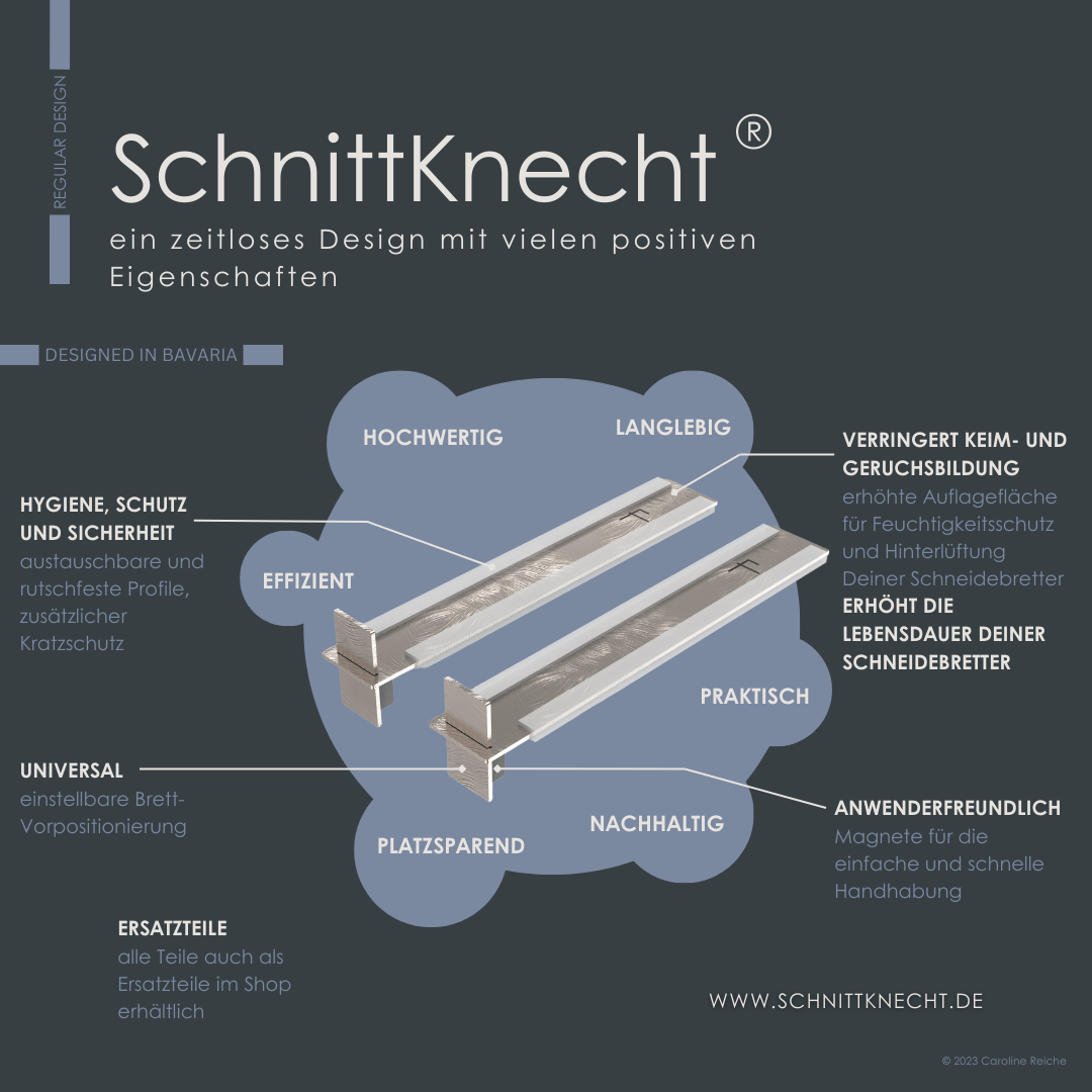 Auf dem Bild ist die universelle Schneidebrettunterlage SchnittKnecht® mit rutschfesten Silikonprofilen zur Antirutsch-Funktion zu sehen. Die Abbildung zeigt die Vorteile der Küchenunterlage: verbesserte Hygiene, Schutz und Sicherheit, verringerte Keim- und Geruchsbildung durch erhöhte Auflagefläche mit Bretthinterlüftung, Anwenderfreundlichkeit durch universelle Einstellung für verschiedene Brettdicken sowie den Hinweis auf den Ersatzteilservice.