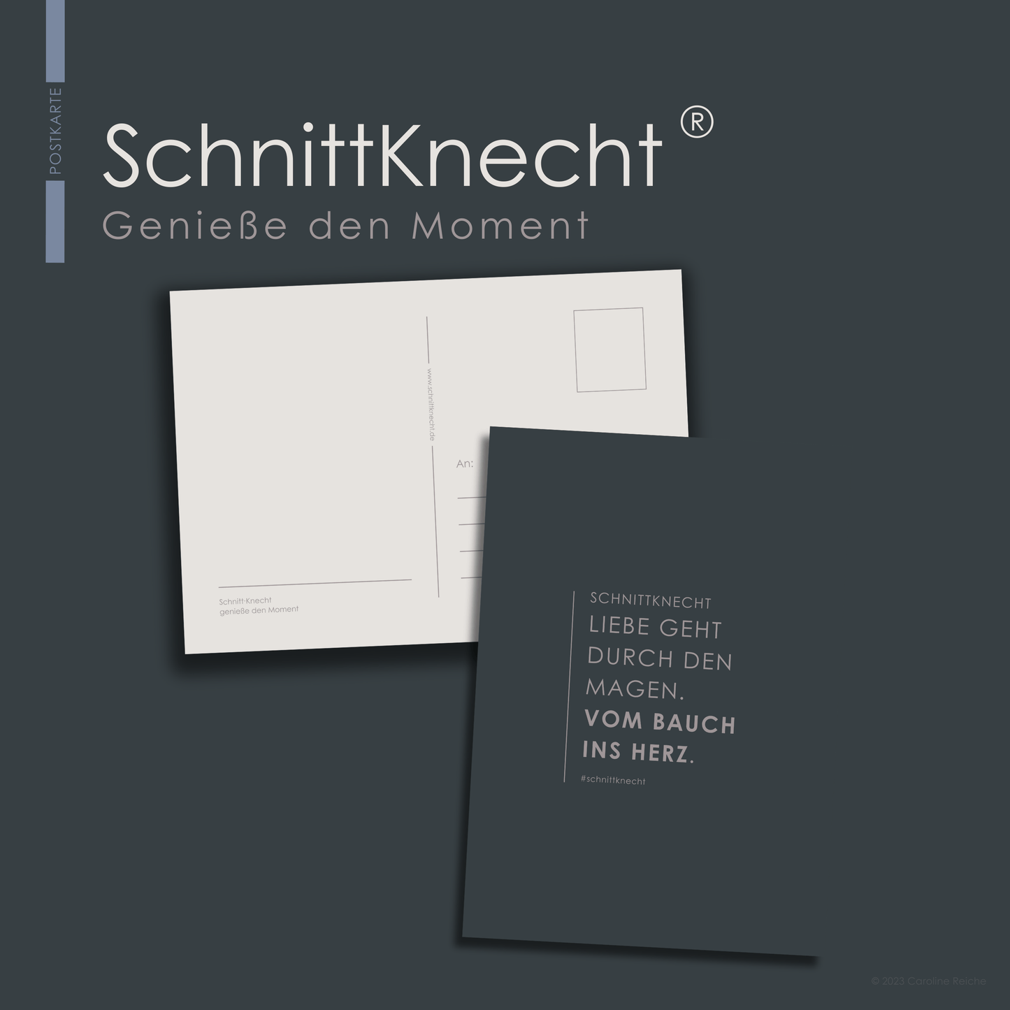 Auf dem Bild ist eine Postkarte von SchnittKnecht® zu sehen. Die Vorderseite zeigt die Aufschrift ‚SchnittKnecht – Liebe geht durch den Magen. Vom Bauch ins Herz. #schnittknecht‘. Die Rückseite zeigt Platz für eigenen Text, den Briefmarkenbereich sowie das Adressfeld.