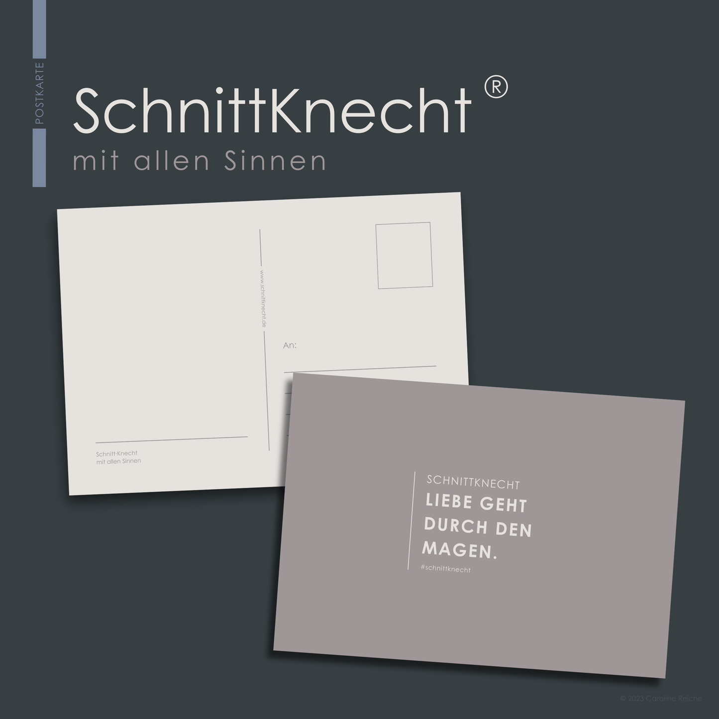 Auf dem Bild ist eine Postkarte von SchnittKnecht® zu sehen. Die Vorderseite zeigt die Aufschrift ‚SchnittKnecht – Liebe geht durch den Magen. #schnittknecht‘. Die Rückseite zeigt Platz für eigenen Text, den Briefmarkenbereich sowie das Adressfeld.