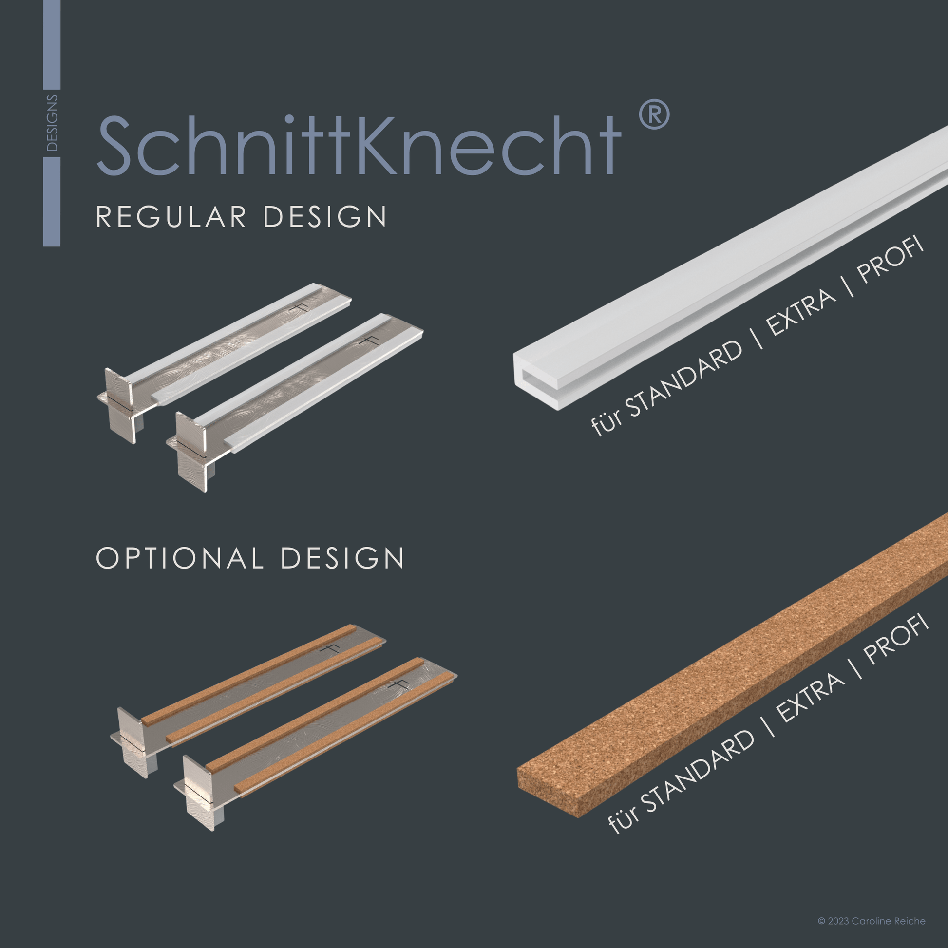 Das Bild veranschaulicht die Designvarianten der rutschfesten Schneidebrettunterlagen von SchnittKnecht®: das Regular Design mit Silikonprofilen sowie das optionale Design mit selbstklebenden Korkstreifen als Antirutsch-Lösung. Beide Varianten sind erhältlich für Standard, Extra und Profi Bundle.