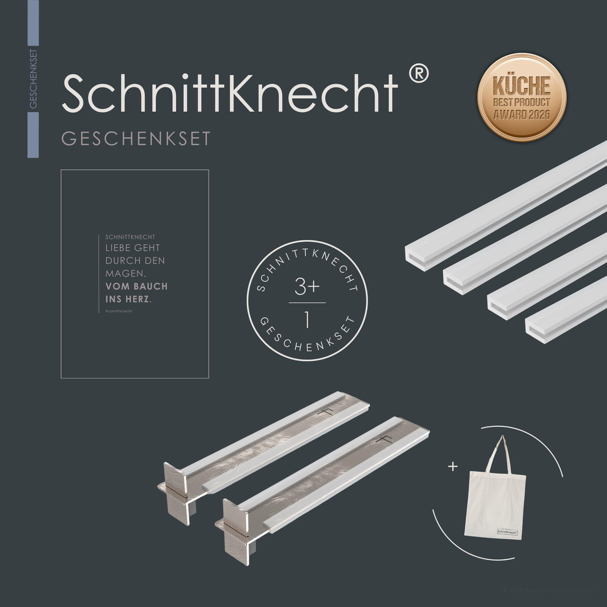 SchnittKnecht® Bundle Standard modulare Schneidebrett-Unterlage für klassische Standard-Schneidebretter im praktischen Geschenkset mit originalen Ersatz Anti-Rutsch Silikon-Profilen, einer Grußkarte sowie einem SchnittKnecht® Baumwollbeutel mit langen Henkeln. System für sichere und rutschfeste Schneidplätze, ausgezeichnet mit Bronze beim KÜCHE BEST PRODUCT AWARD 2026 in der Kategorie Küchenausstattung, Küchenaccessoires.