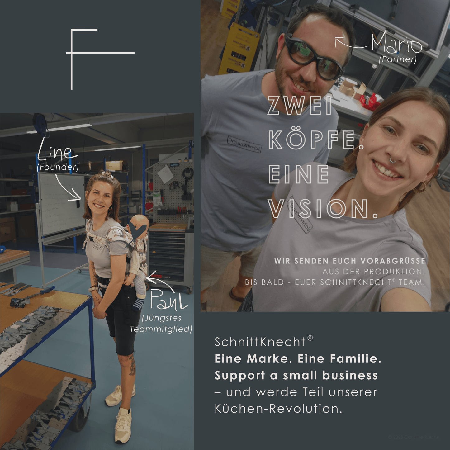 Line und Mario von SchnittKnecht® bei der Fertigung ihrer rutschfesten Schneidebrettunterlage. Auf dem Bild der Schriftzug: ‚SchnittKnecht® – Eine Marke. Eine Familie. Support a small business.