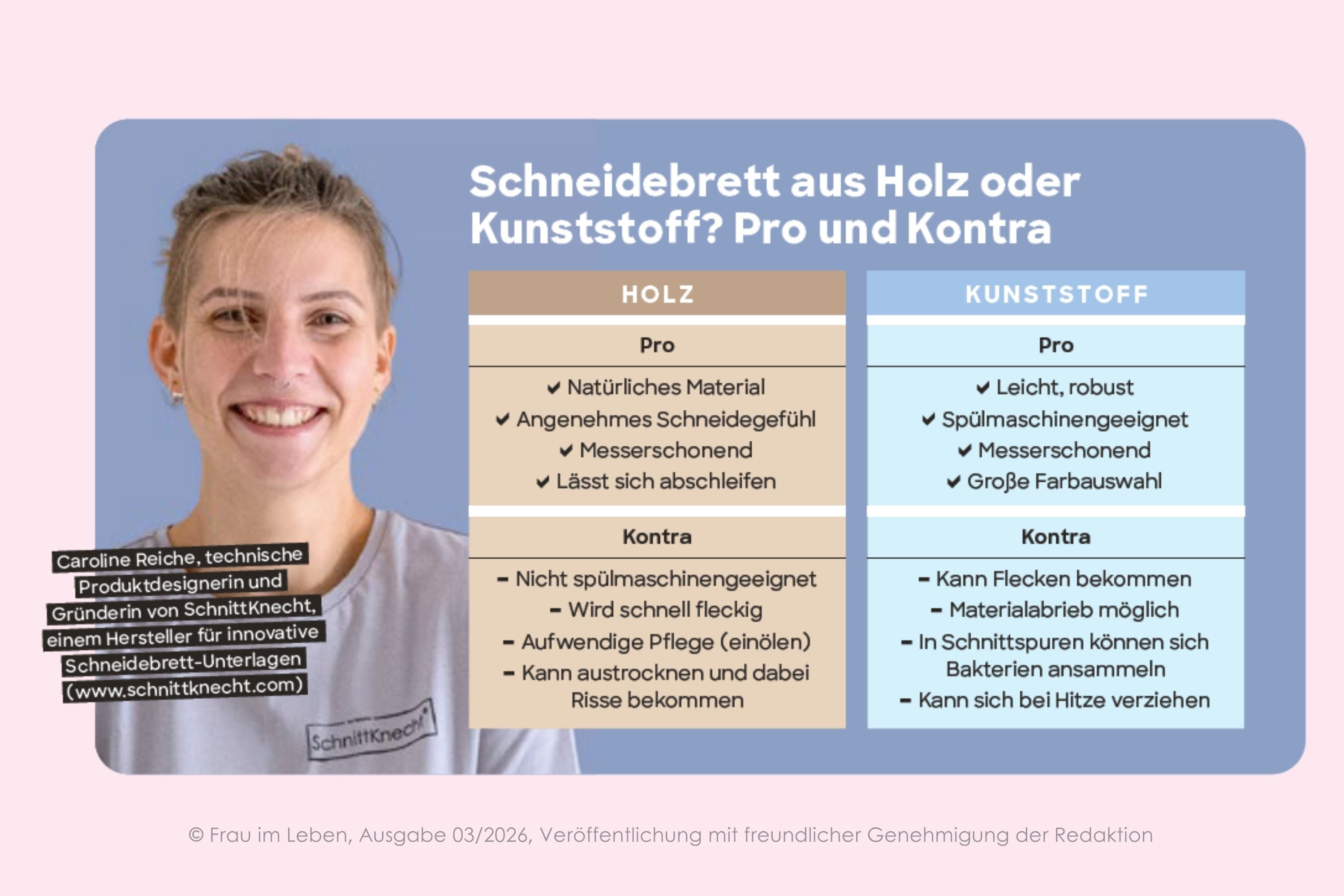 Artikel über die Vor- und Nachteile von Holz- und Kunststoff-Schneidebrettern mit Fokus auf Materialeigenschaften, Hygiene und Pflege, mit Expertenwissen von SchnittKnecht® Entwicklerin Caroline Reiche im Magazin Frau im Leben, Ausgabe 03/2026