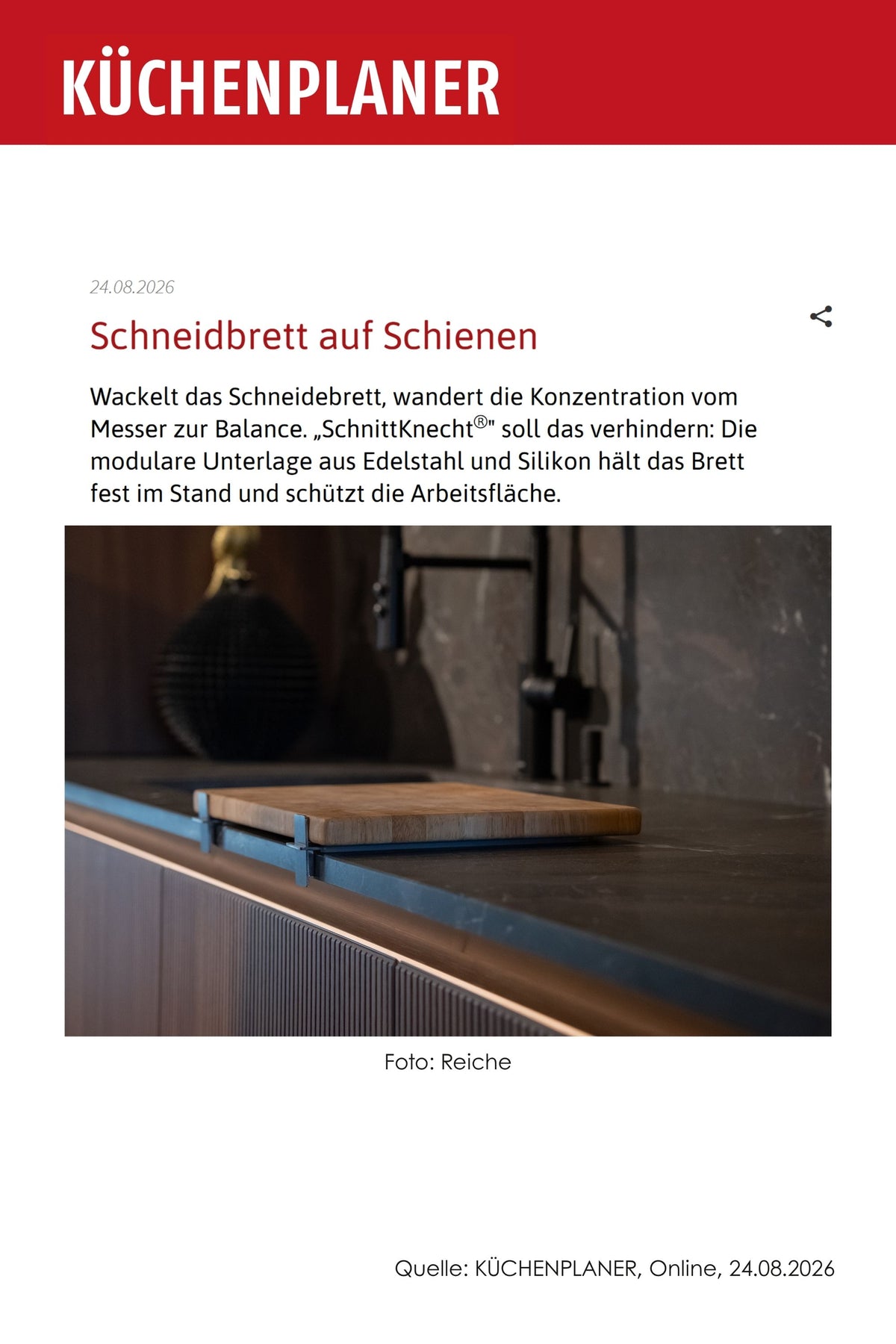 KÜCHENPLANER Online-Beitrag „Schneidbrett auf Schienen“ über SchnittKnecht® vom 24.08.2026