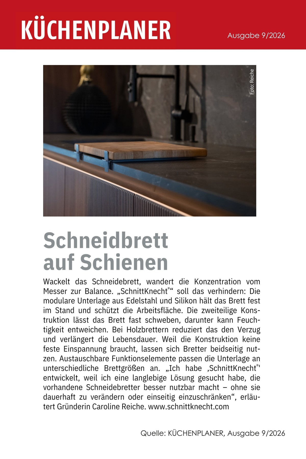 KÜCHENPLANER Ausgabe 9/2026 mit Beitrag „Schneidbrett auf Schienen“ über SchnittKnecht®