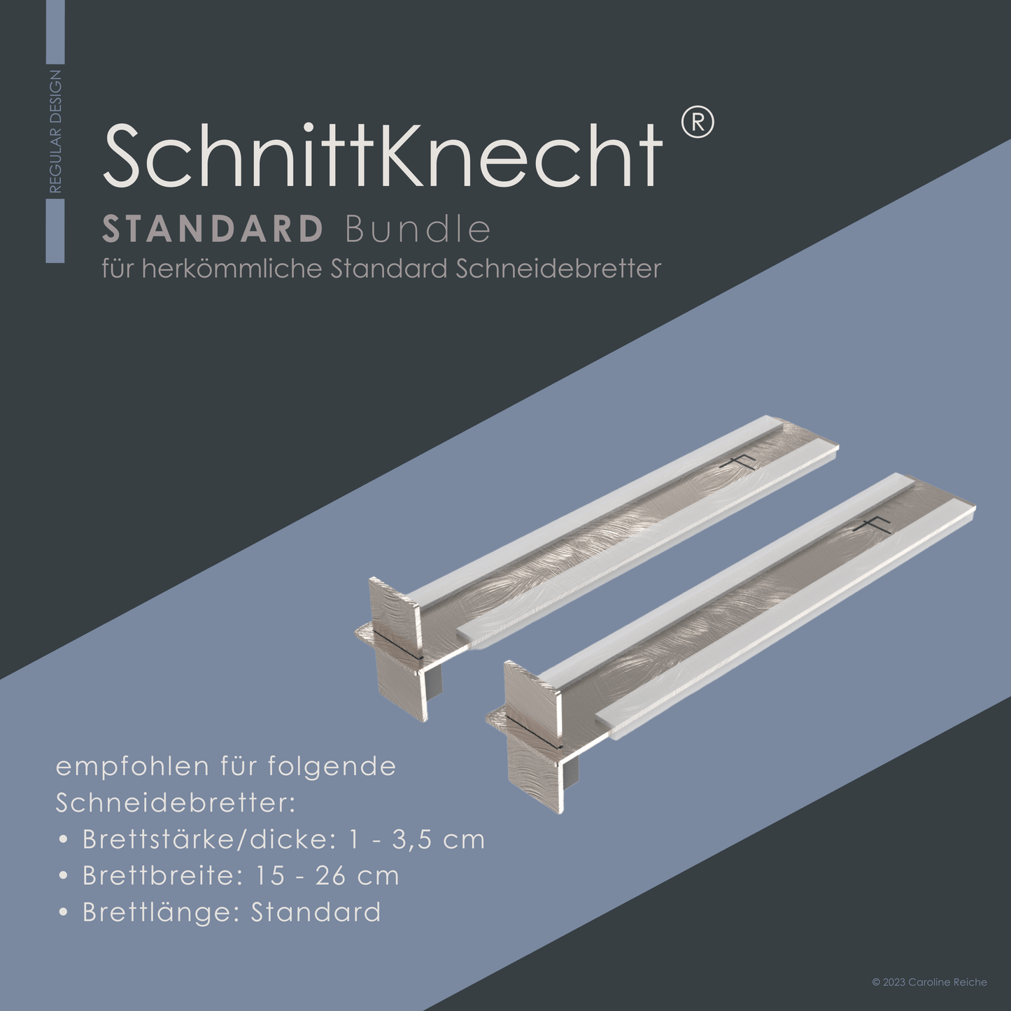 Das Bild zeigt die rutschfeste Schneidebrettunterlage SchnittKnecht® Standard Bundle mit den dazugehörigen Antirutsch-Silikonprofilen. Geeignet für Standard-Schneidebretter. Richtwertangaben hinterlegt.