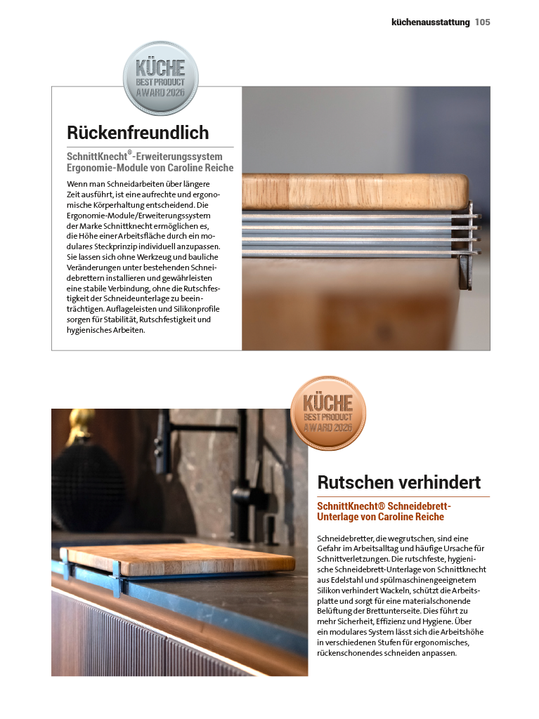 Magazinseite aus KÜCHE 8-9/2026 mit den Auszeichnungen des KÜCHE BEST PRODUCT AWARD 2026 für SchnittKnecht®: Silber für die Ergonomie-Module und Bronze für die Schneidebrett-Unterlage