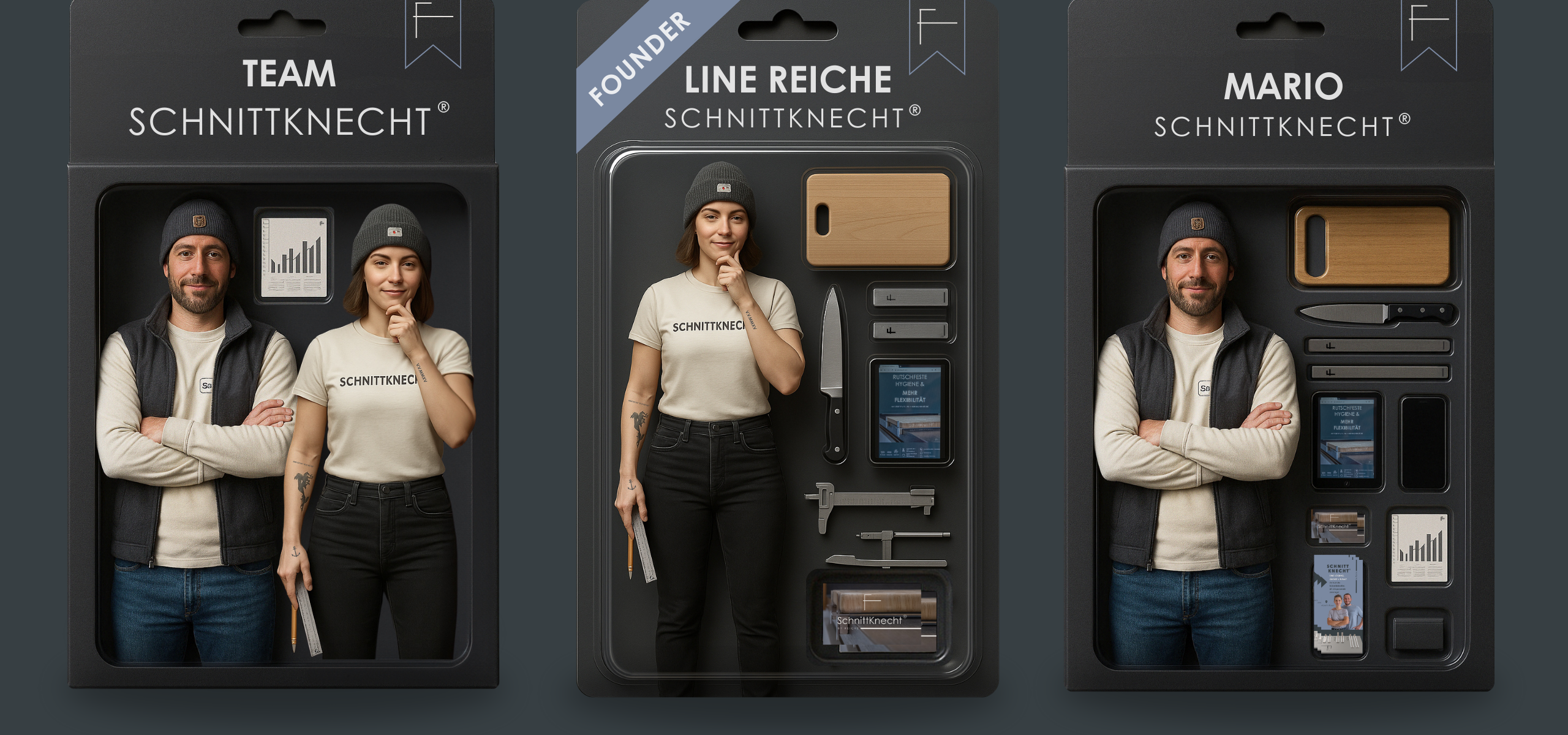 KI-generierte Actionfiguren des SchnittKnecht® Teams Line und Mario – vereinen perfekte Küchenkompetenz. Inklusive Zubehör: Schneidebrett, Messer, rutschfeste Schneidebrett-Unterlage (Auflageleisten), Visitenkarten, Statistikplan, Flyer und Werkzeug.