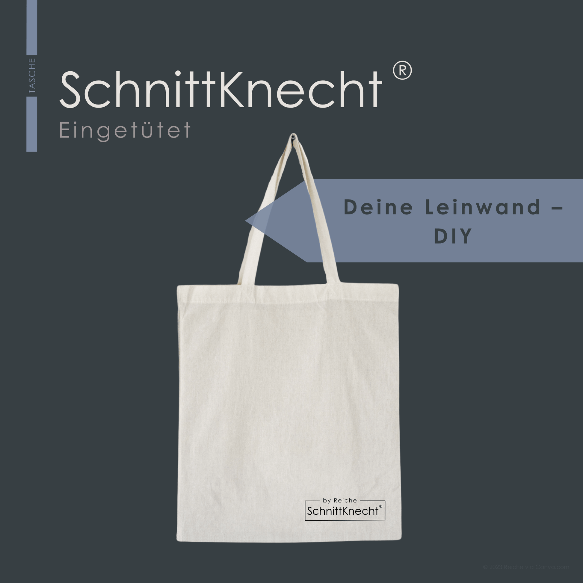 Auf dem Bild ist ein Baumwollbeutel (Cottonbag) mit Stempeldruck zu sehen. Der Aufdruck zeigt das Logo SchnittKnecht® by Reiche.