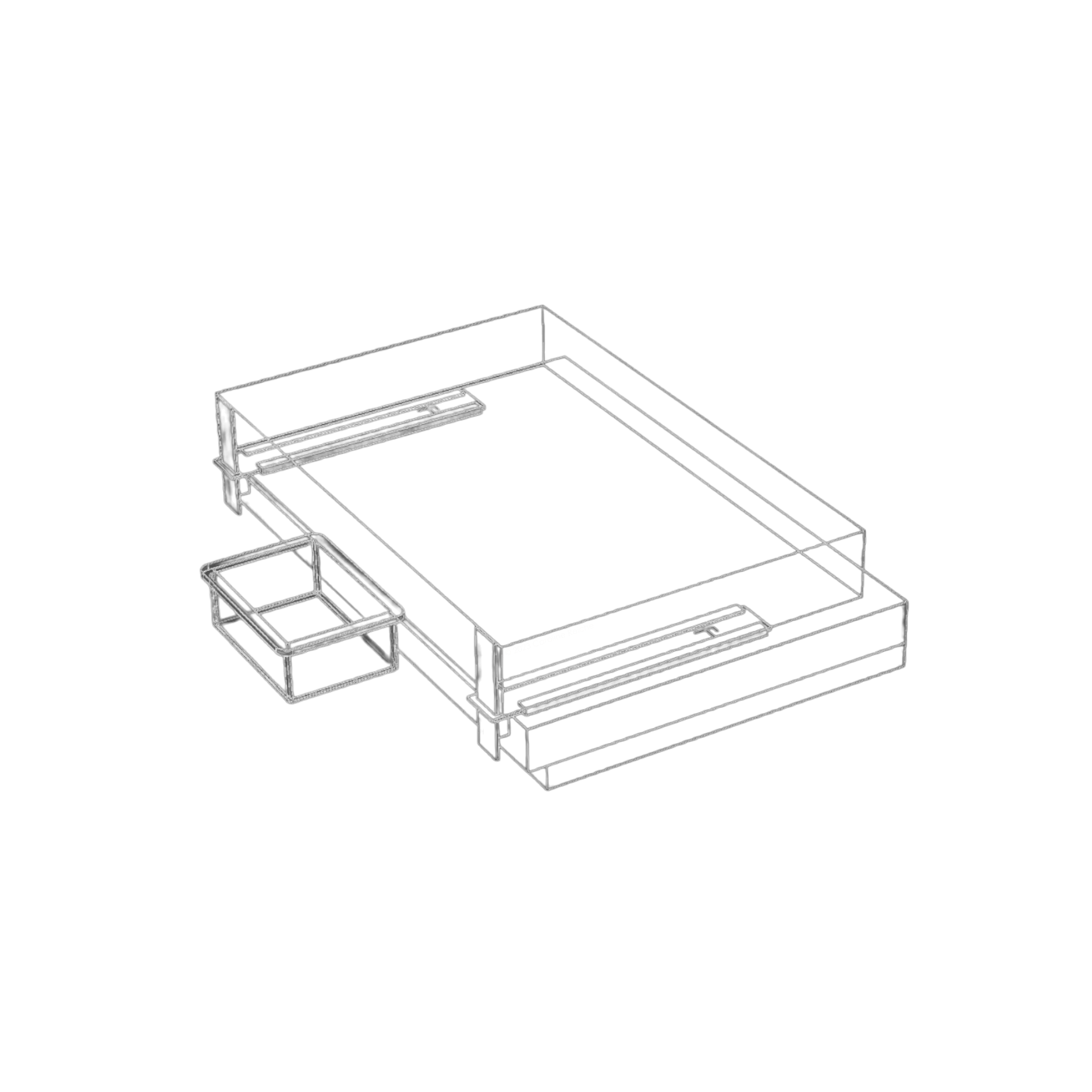 Drahtmodell zeigt eine Küchenarbeitsplatte mit der rutschfesten Schneidebrettunterlage SchnittKnecht® und einem Schneidebrett. Das Bild veranschaulicht die Funktion sowie den vorgesehenen Platz für Schneidebretter und Aufbewahrungsboxen.