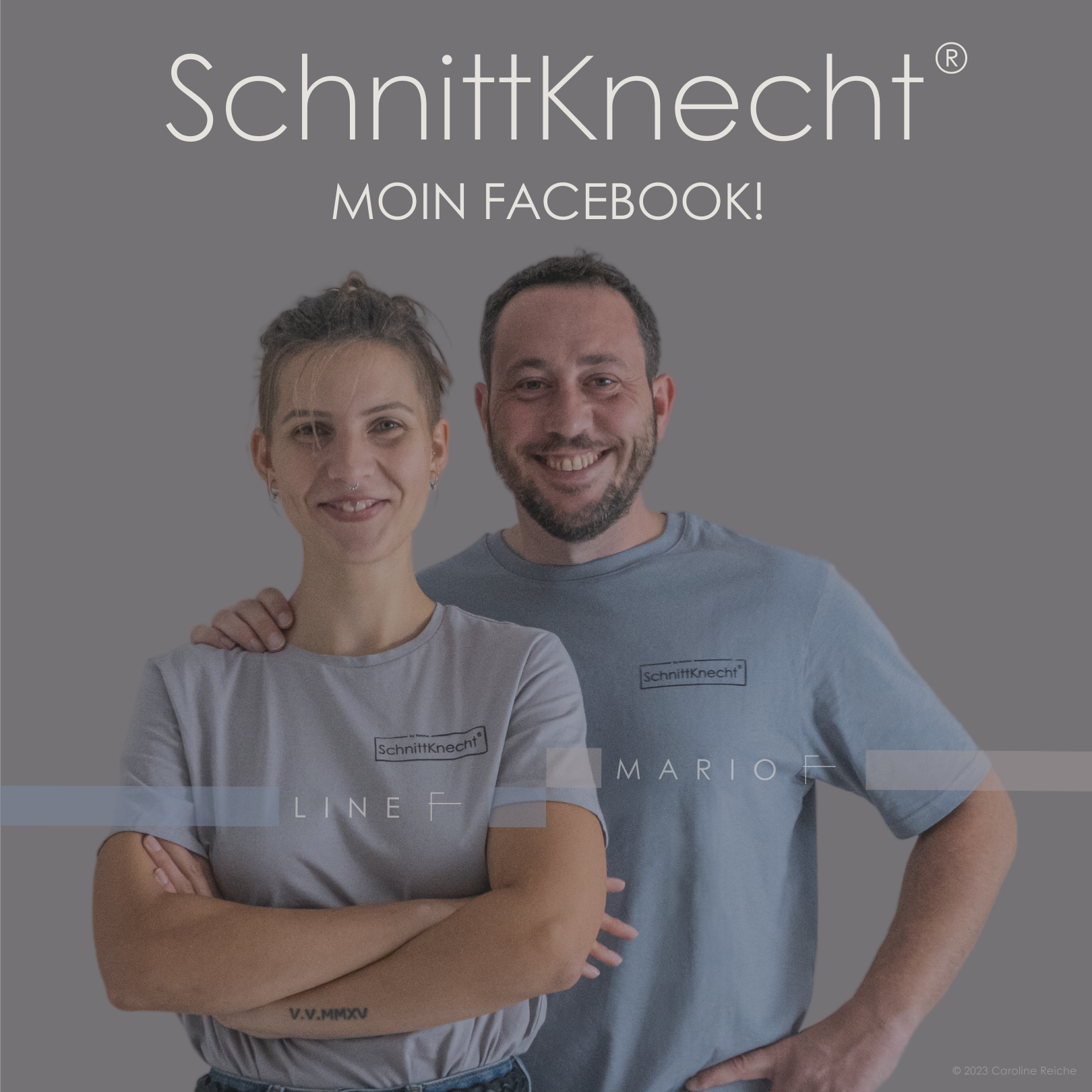 Gründerin und Geschäftsführerin Caroline Reiche mit Partner Mario schauen in die Kamera, Mario legt seine Hand auf Carolines Schulter – Schriftzug „SchnittKnecht® – Moin Facebook!“