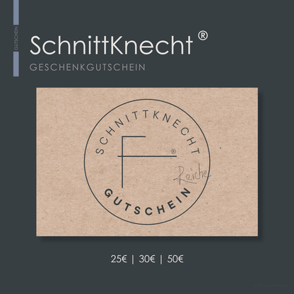 Geschenkgutschein von SchnittKnecht® im Wert von 25€, 30€ und 50€. Einlösbar für das gesamte Sortiment rutschfester und hygienischer Schneidebrett-Unterlagen vom Spezialisten SchnittKnecht®.