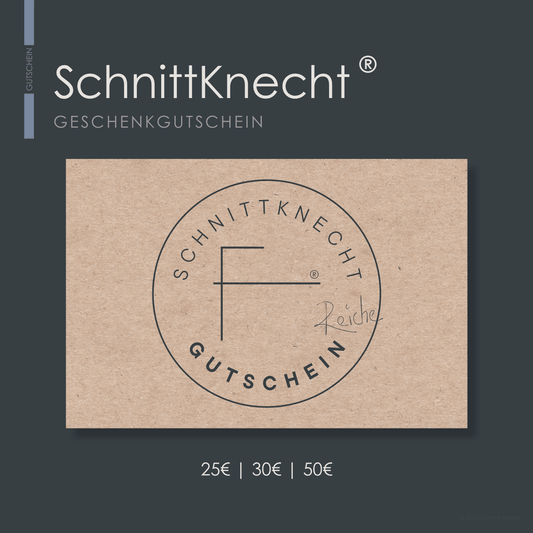 Geschenkgutschein von SchnittKnecht® im Wert von 25€, 30€ und 50€. Einlösbar für das gesamte Sortiment rutschfester und hygienischer Schneidebrett-Unterlagen vom Spezialisten SchnittKnecht®.