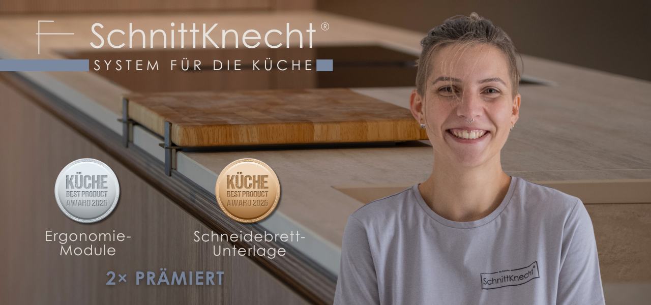SchnittKnecht® wurde beim KÜCHE BEST PRODUCT AWARD FOOD & TECHNIK 2026 in der Kategorie Küchenausstattung mit Silber für die Ergonomie-Module und Bronze für die Schneidebrett-Unterlage ausgezeichnet.