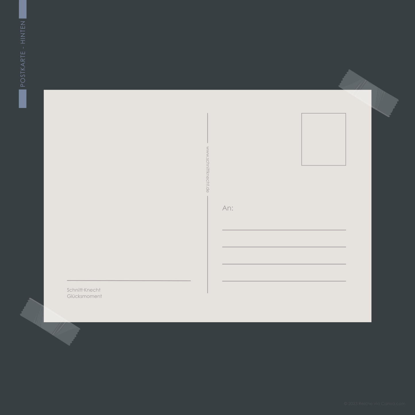 Auf dem Bild ist eine Postkarte von SchnittKnecht® zu sehen. Die Rückseite zeigt Platz für eigenen Text, den Briefmarkenbereich sowie das Adressfeld.