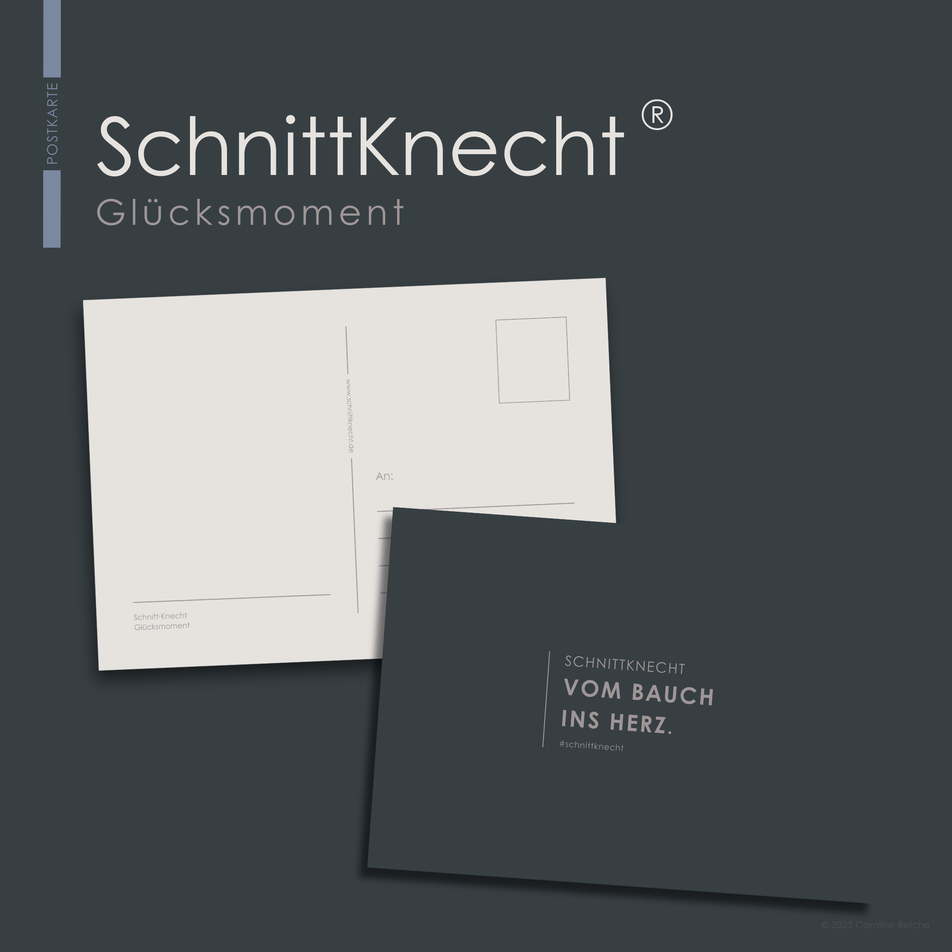 Auf dem Bild ist eine Postkarte von SchnittKnecht® zu sehen. Die Vorderseite zeigt die Aufschrift ‚SchnittKnecht – Vom Bauch ins Herz. #schnittknecht‘. Die Rückseite zeigt Platz für eigenen Text, den Briefmarkenbereich sowie das Adressfeld.