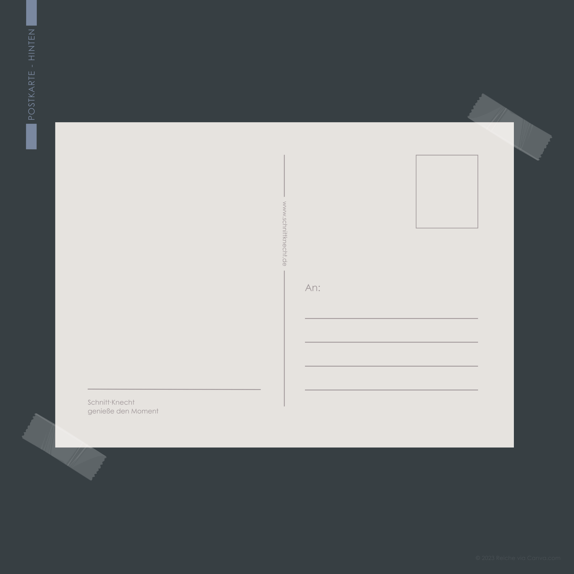 Auf dem Bild ist eine Postkarte von SchnittKnecht® zu sehen. Die Rückseite zeigt Platz für eigenen Text, den Briefmarkenbereich sowie das Adressfeld.
