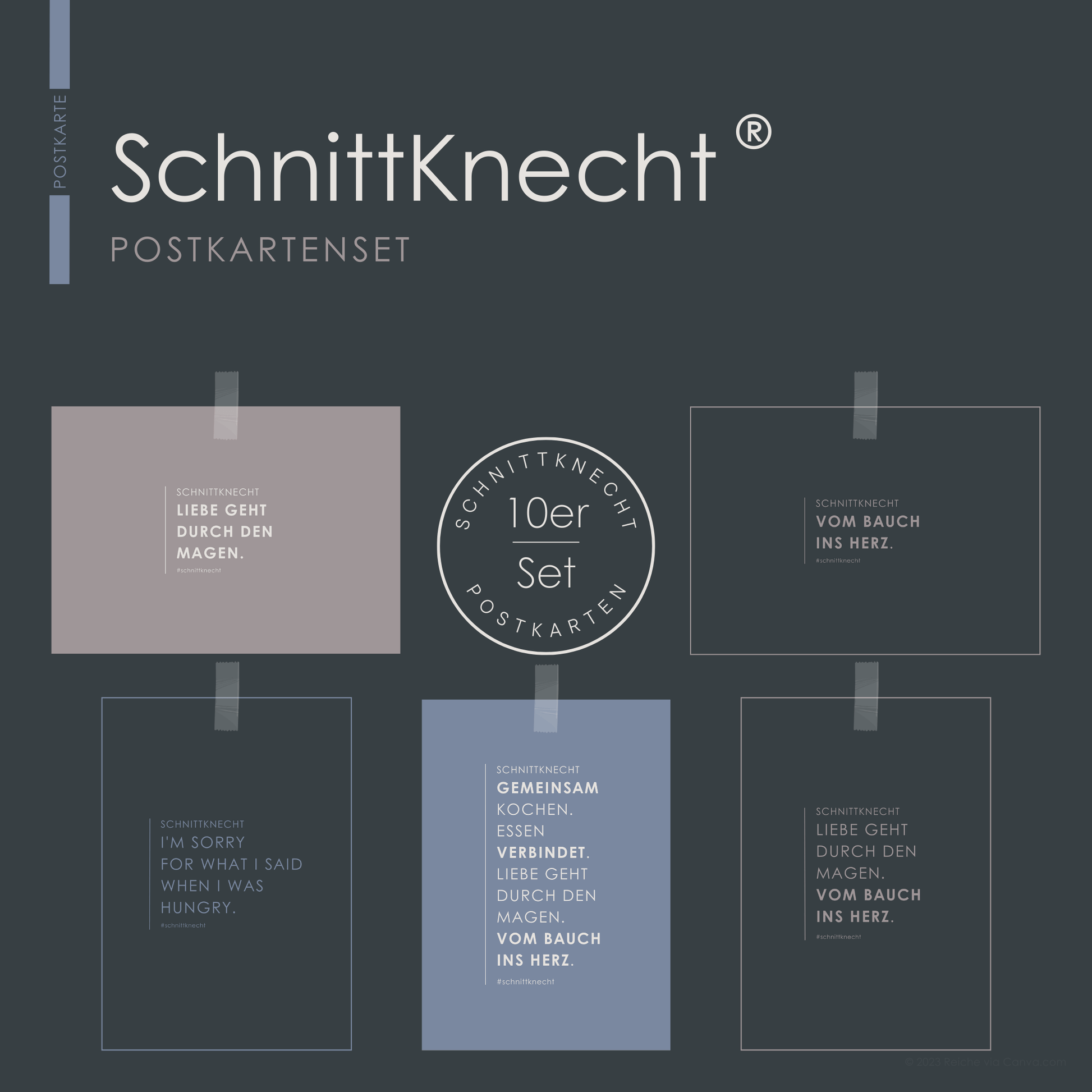 Produktbild des 10er Postkartensets mit 5 verschiedenen kulinarischen Herzensbotschaften, jeweils 2 Karten. Botschaftthemen: „GEMEINSAM KOCHEN“, „ESSEN VERBINDET“, „LIEBE GEHT DURCH DEN MAGEN“, „VOM BAUCH INS HERZ“ und „I’M SORRY FOR WHAT I SAID WHEN I WAS HUNGRY“.