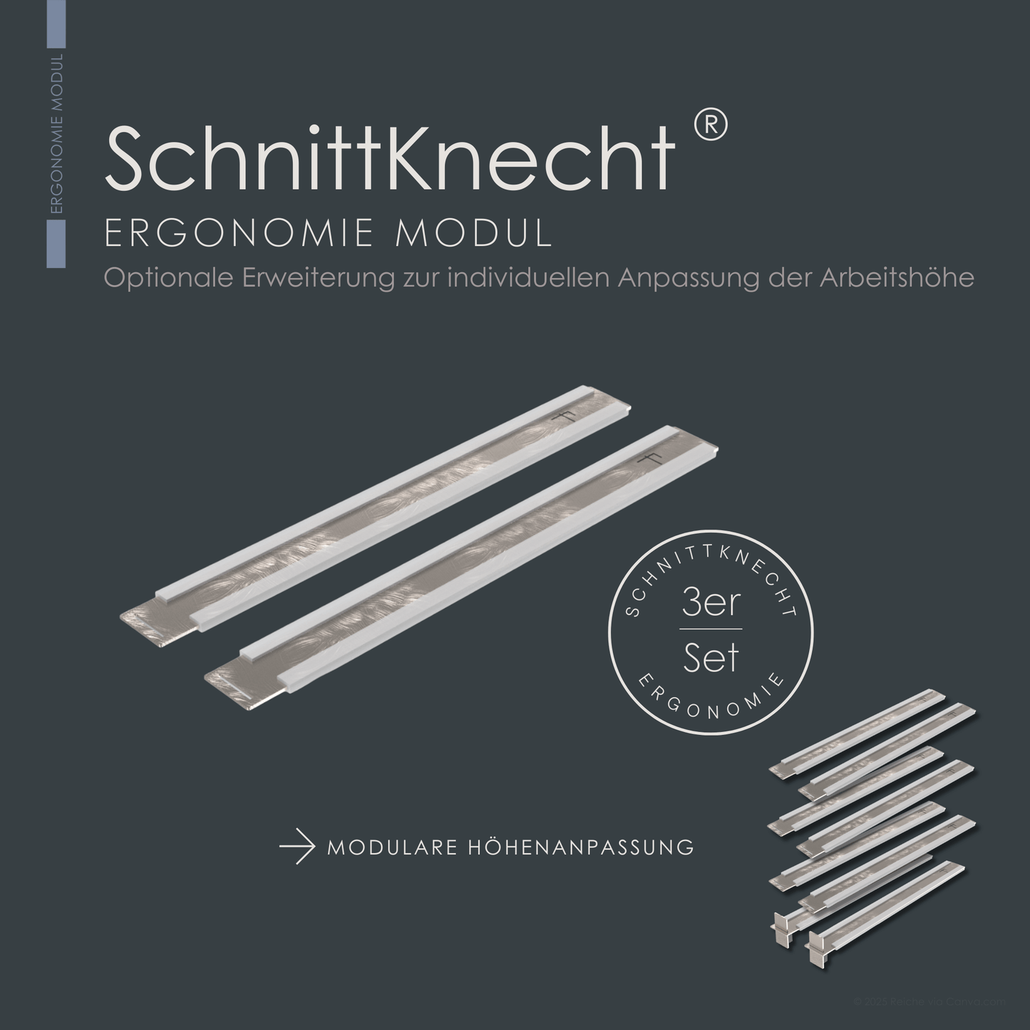 SchnittKnecht® 3er Set Ergonomie-Module – stufenweise Höhenverstellung für Schneidebrett und Küchenarbeitsfläche angedeutet