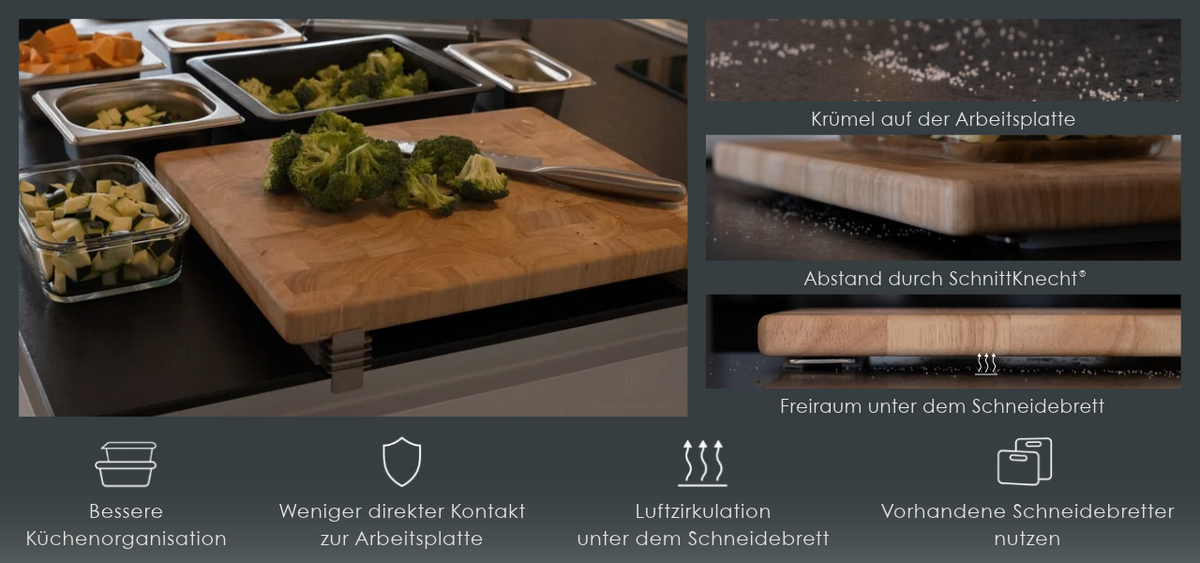 SchnittKnecht® Schneidebrett-Unterlage mit Holzschneidebrett und Küchenbehältern bei der Gemüsevorbereitung. Detailaufnahmen zeigen den Abstand zur Arbeitsplatte und den Freiraum unter dem Schneidebrett. Symbole erläutern Küchenorganisation, reduzierten direkten Kontakt zur Arbeitsplatte, Luftzirkulation und die Nutzung vorhandener Schneidebretter.