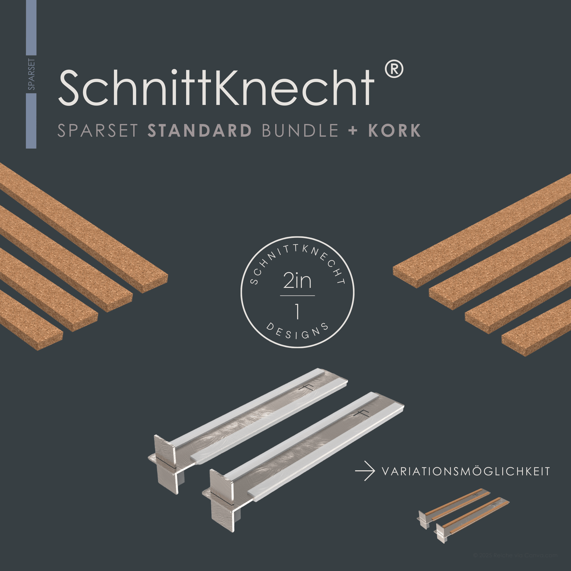 Produktbild SchnittKnecht® Bundle STANDARD (beinhaltet standardgemäß Silikonleisten) und zusätzlicher Designalternative nachhaltiger, selbstklebender Kork. Rutschfeste Unterlage im Sparset für STANDARD-Schneidebretter.