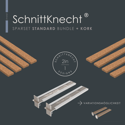 Produktbild SchnittKnecht® Bundle STANDARD (beinhaltet standardgemäß Silikonleisten) und zusätzlicher Designalternative nachhaltiger, selbstklebender Kork. Rutschfeste Unterlage im Sparset für STANDARD-Schneidebretter.
