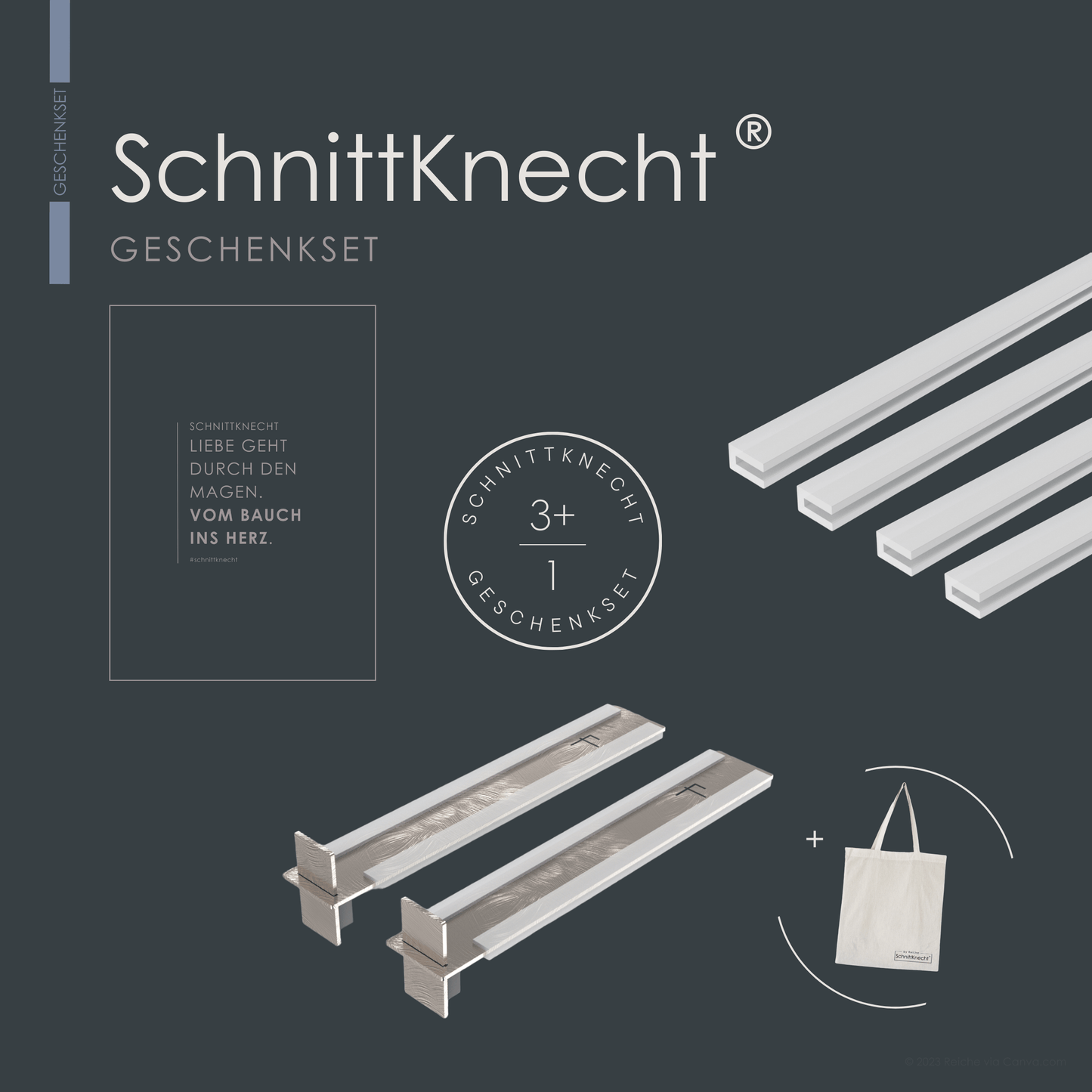 Das Bild zeigt ein Geschenkset mit der rutschfesten Schneidebrettunterlage SchnittKnecht® Standard Bundle, einem Ersatzset Silikonprofile, einer Postkarte mit der Aufschrift ‚SchnittKnecht – Liebe geht durch den Magen. Vom Bauch ins Herz‘ sowie einem Baumwollbeutel (Cottonbag).